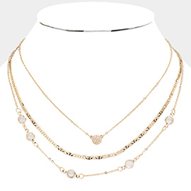 Stone Paved Disc Clear Bezel Link Metal Chain Layered Necklace