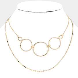 Tripe Open Circle Link Double Layered Metal Necklace