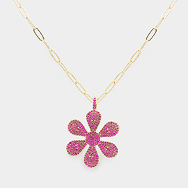 Stone Paved Daisy Flower Pendant Necklace