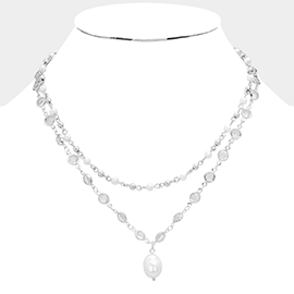 2PCS - Clear Bezel Link Pearl Pendant Necklace