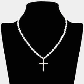 Stone Bezel Cross Pendant Pearl Necklace