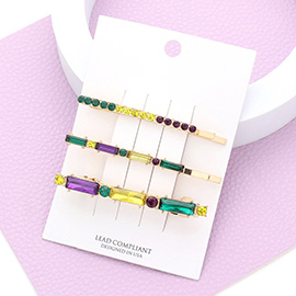 3PCS - Mardi Gras Stone Embellished Barrette / Bobby Pins