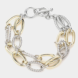 Textured Metal Open Oval Link Layered Toggle Bracelet 