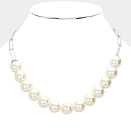 Pearl Ball Link Paper Clip Chain Necklace
