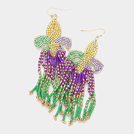 Mardi Gras Felt Back Faceted Beaded Fleur de Lis Seed Bead Tassel Earrings