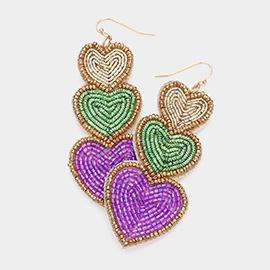 Mardi Gras Felt Back Triple Beaded Heart Dangle Earrings