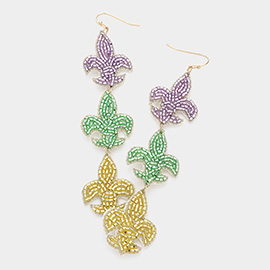 Mardi Gras Felt Back Triple Beaded Fleur de Lis Link Earrings
