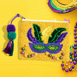Pearl Accented Seed Beaded Mardi Gras Mask Pom Pom Tassel Mini Pouch Bag