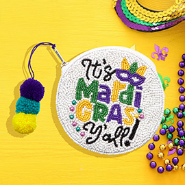 Seed Beaded It's Mardi Gras Y'all! Message Circle Pom Pom Mini Pouch Bag