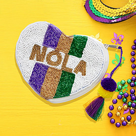 Seed Beaded Mardi Gras Nola Message Heart Shape Pom Pom Tassel Mini Pouch Bag