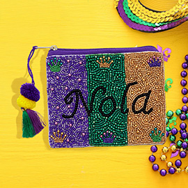 Seed Beaded Nola Message Pom Pom Tassel Mini Pouch Bag
