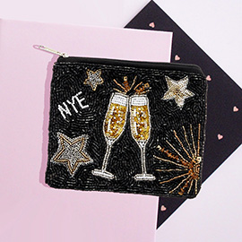 NYE Message Champagne Star Sequin Beaded Mini Pouch Bag