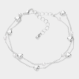Pearl Meatal Heart Link Layered Bracelet