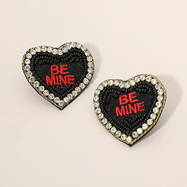 Felt Back BE MINE Message Embroidered Seed Bead Stone Embellished Earrings
