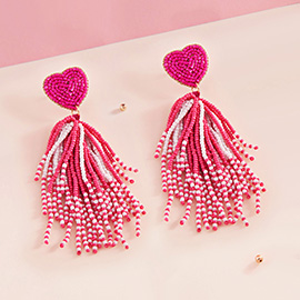 Heart Seed Beaded Tassel Dangle Earrings
