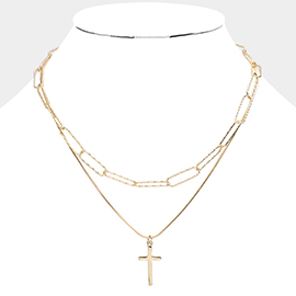 Stone Paved Cross Pendant Metal Paperclip Link Chain Layered Necklace