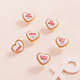 3Pairs - BE MINE LOVE YOU XOXO Message Heart Pearl Stud Earrings