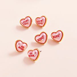 3Pairs - BE MINE LOVE YOU XOXO Message Heart Pearl Stud Earrings
