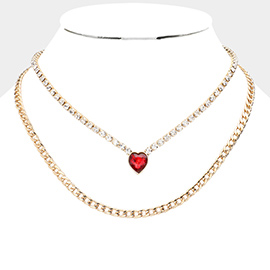 Gold Dipped Red Heart Pendant Cuban Chain Layered Necklace