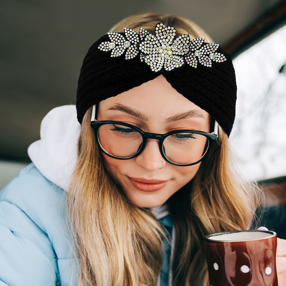 Rhinestone Flower Bling Pointed Knit Earmuff Headband