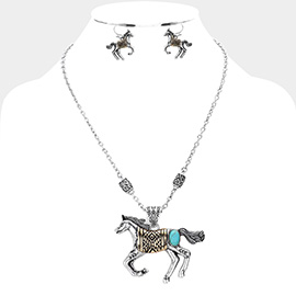 Western Turquoise Stone Accented Vintage Horse Pendant Necklace
