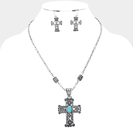 Western Turquoise Stone Accented Vintage Cross Pendant Necklace