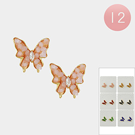12PCS - Stone Embellished Butterfly Stud Earrings