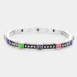 Multi Colored Square Stone Accented Antique Silver Stretch Bracelet