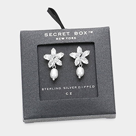 Secret Box_Sterling Silver Dipped CZ Stone Cluster Flower Pearl Dangle Earrings