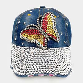 Bling Glass Crystal Stone Accented Butterfly Baseball Cap