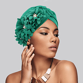 Flower Pearl Accented Turban Hat