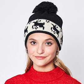 Reindeer Holiday Pom Pom Beanie Hat