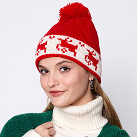 Reindeer Holiday Pom Pom Beanie Hat