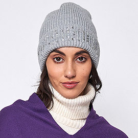 Solid Ribbed Sequin Cuff Beanie Hat