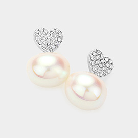 Stone Paved Heart Pearl Dangle Earrings