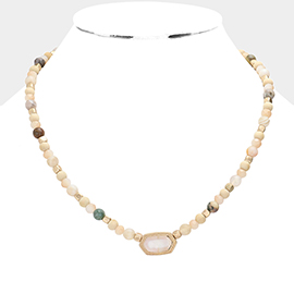 Natural Stone Beaded Hexagon Pendant Necklace