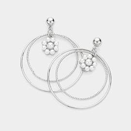 Pearl Flower Accented Double Open Metal Circle Layered Dangle Earrings