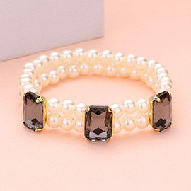 Rectangle Stone Accented Pearl Stretch Bracelet
