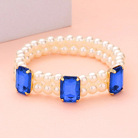 Rectangle Stone Accented Pearl Stretch Bracelet