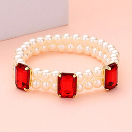 Rectangle Stone Accented Pearl Stretch Bracelet