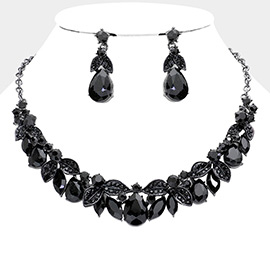 Teardrop Marquise Leaf Glass Stone Evening Necklace