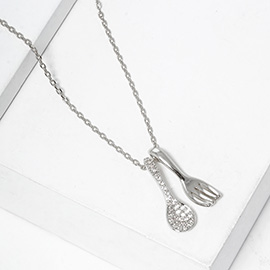 White Gold Dipped Stone Paved Spoon Fork Pendant Necklace