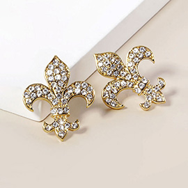 Crystal Stone Paved Fleur de Lis Stud Earrings