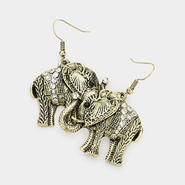 Stone Embellished Antique Metal Elephant Dangle Earrings