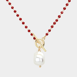Pearl Pendant Faceted Beaded Toggle Necklace