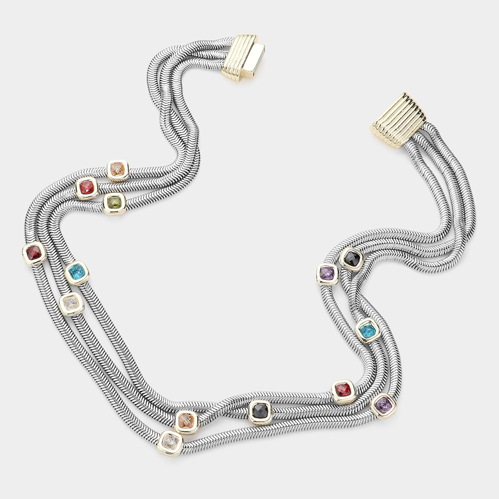 Square CZ Pointed Multi Layered Necklace