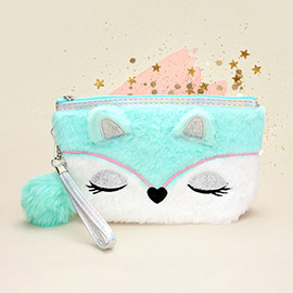 Fuzzy Animal Face Pom Pom Pouch Wristlet Bag