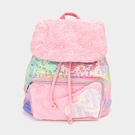 Fuzzy Pearl Accented Sequin Backpack Bag