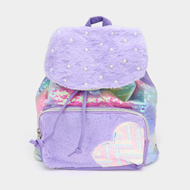 Fuzzy Pearl Accented Sequin Backpack Bag