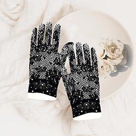 Stone Embellished Dressy Floral Lace Wedding Gloves